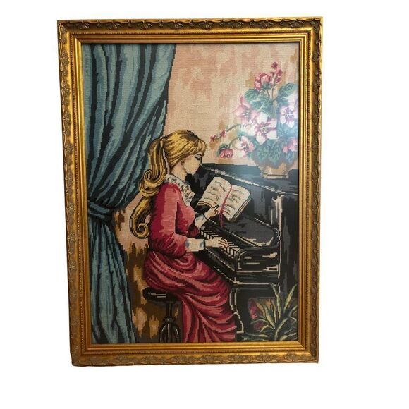 Vintage Needlepoint Embroidered Picture in Frame Lady Playing Piano - Picture 1 of 4
